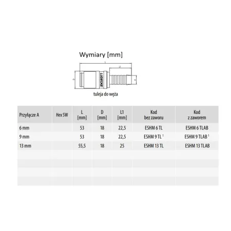 Szybkozłącze do form ESHM 9 TLAB z zaworem, profil Europejski, do węża 9 mm, DN6